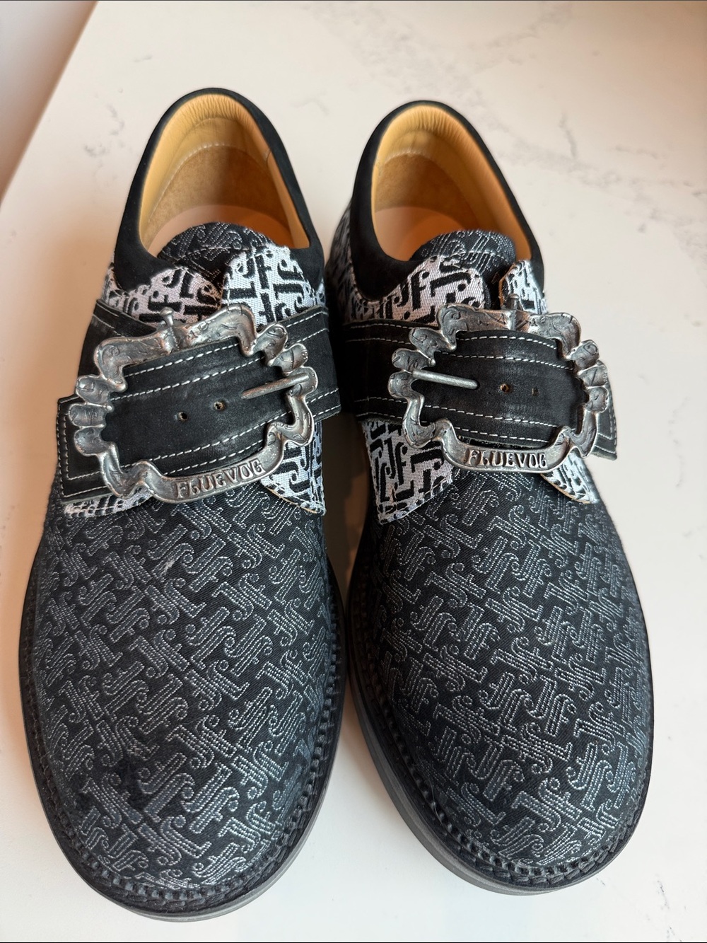 Rare John Fluevog Asta Jacquard Buckle Black/Silver Unisex Men 9 women’s 11